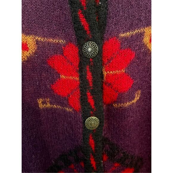 Sisley Italian Knit Plum Floral Tribal Print Cardigan Sweater Sz M EUC - Picture 2 of 7